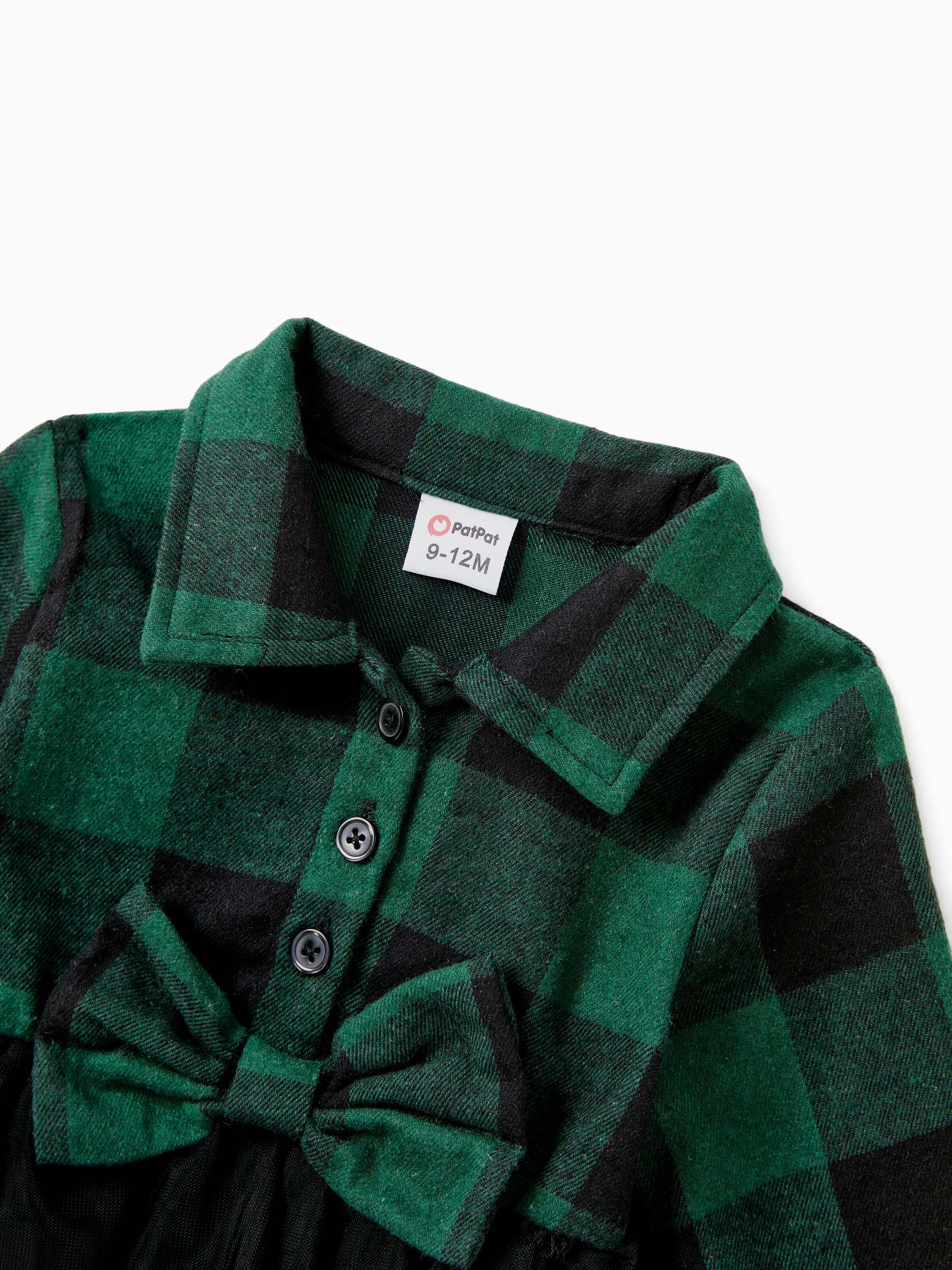 Family Matching Sets Green Plaid Long Sleeves Shirt or Tulle Mesh Dress DarkGreen