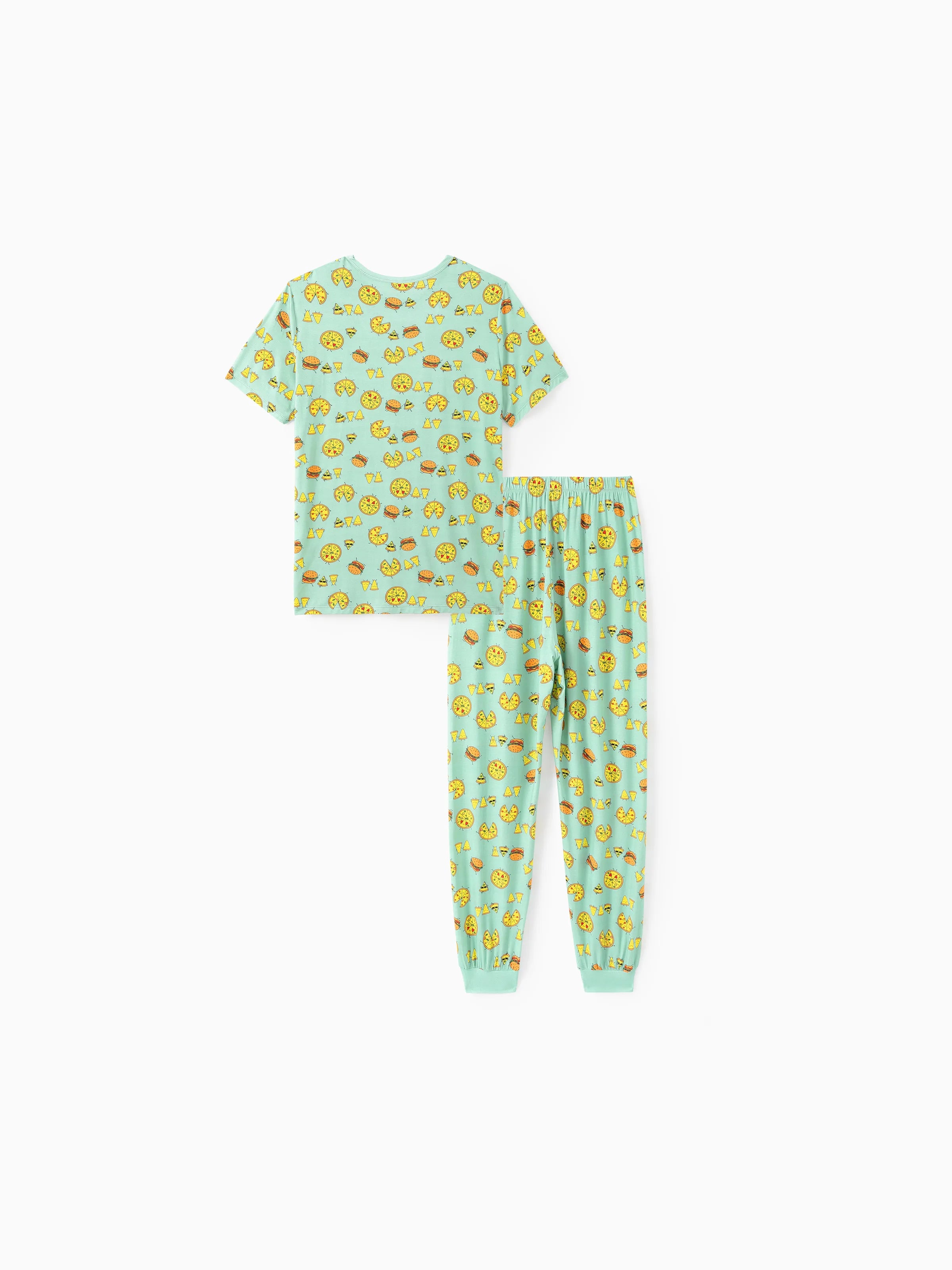 Bamboo Family Mint Green PJs Cute Cartoon Food Theme Print Short Sleeve & Long Pants Sleepwear Matching Pajama set (Snug-Fitting for Children) Light Blue