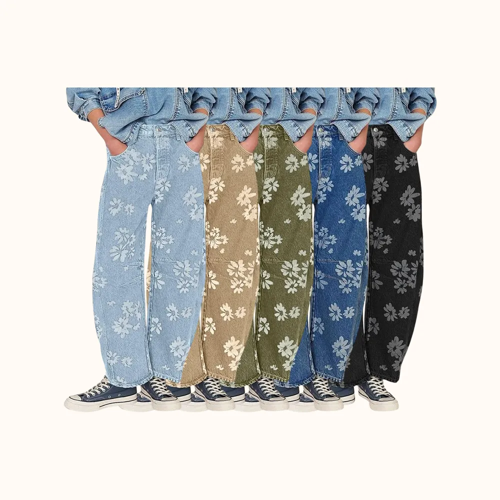Women's Simple Floral Jeans Y2K Loose Wide-Leg Jeans Boyfriend Style Printed Stitching Jeans