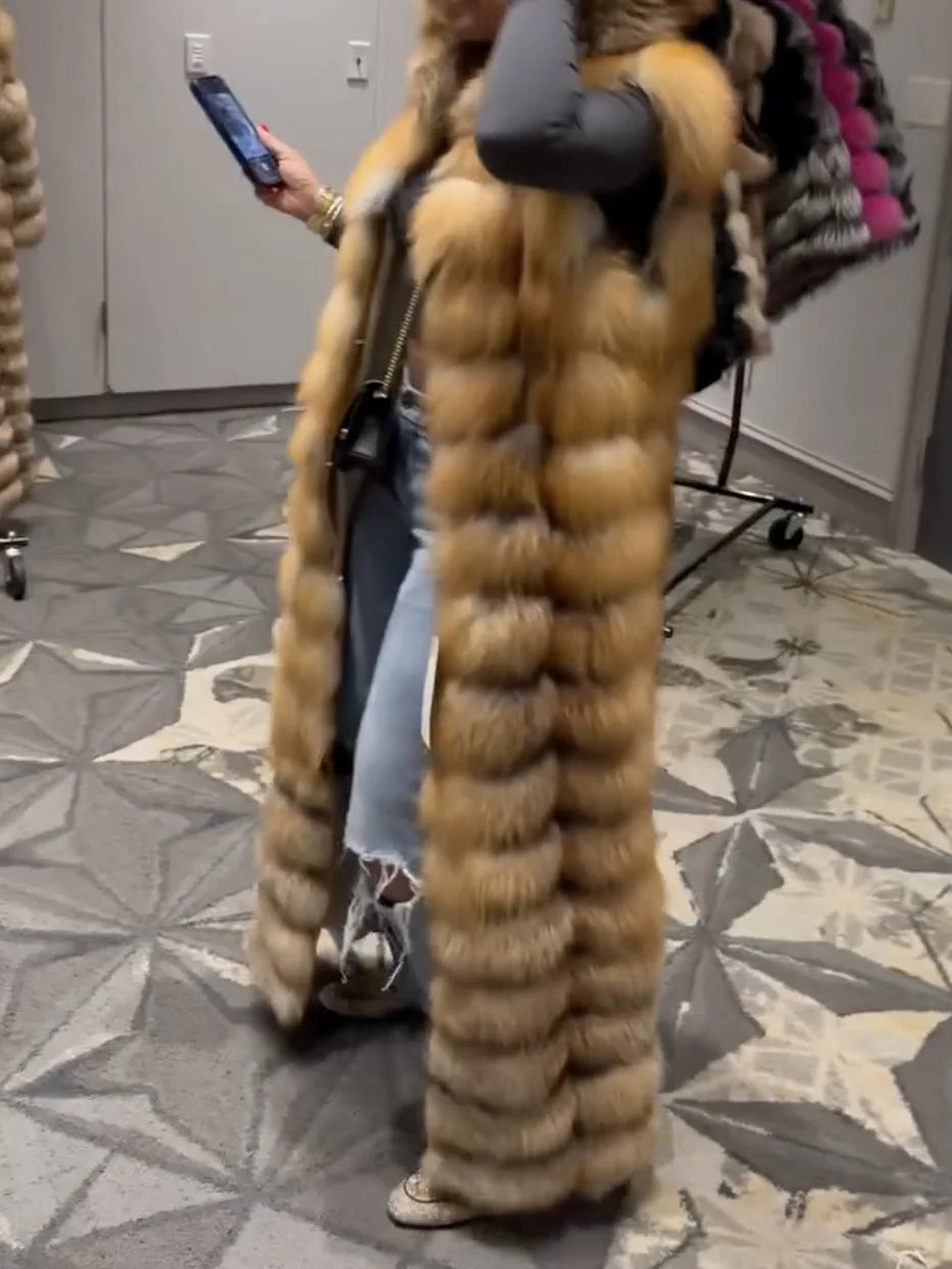 Long Red Fox Fur Vest With Hood（✔️Free shipping）