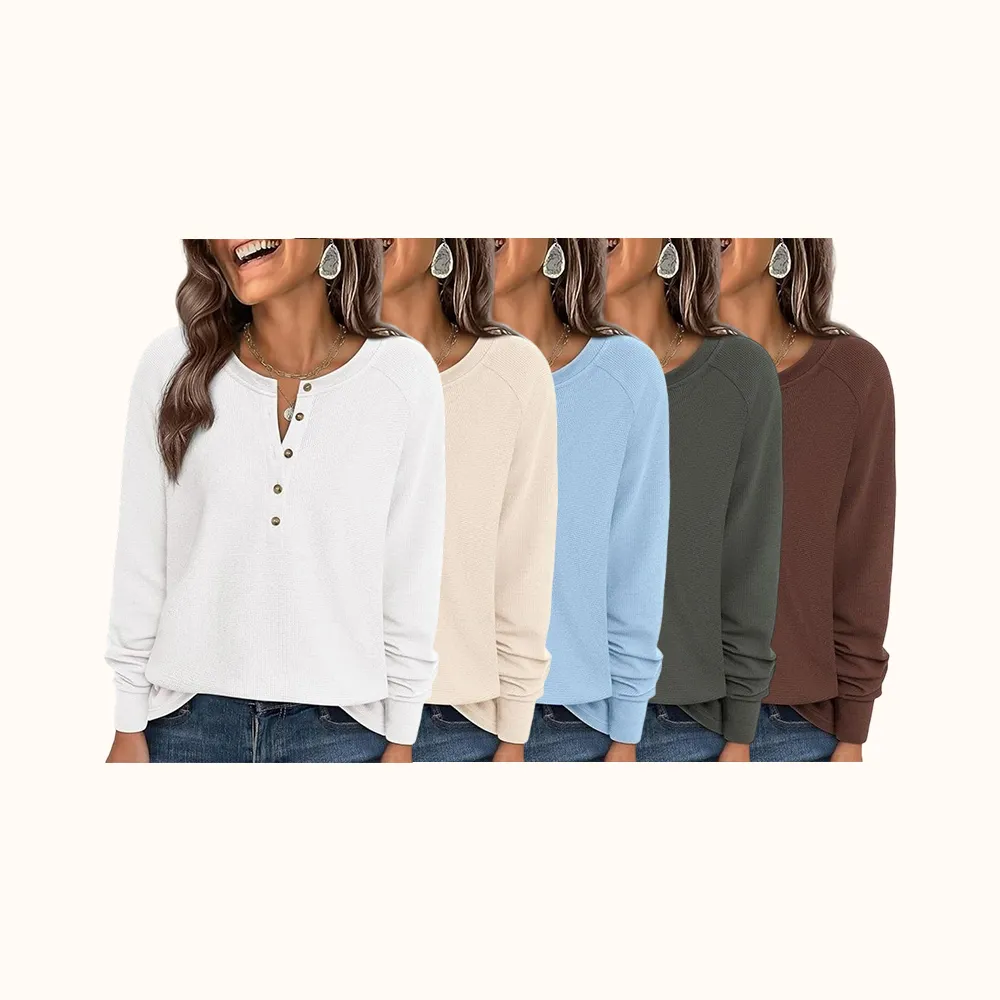 Women's Button Up Waffle Top Long Sleeve Knit Shirts Fall Casual Henley V Neck Tunic Tops
