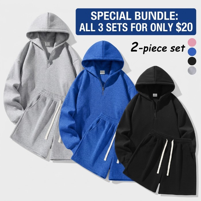 Men's Half-Zip Hoodie & Shorts 2-Piece Set - Casual Warm-Up Jogging Tracksuit