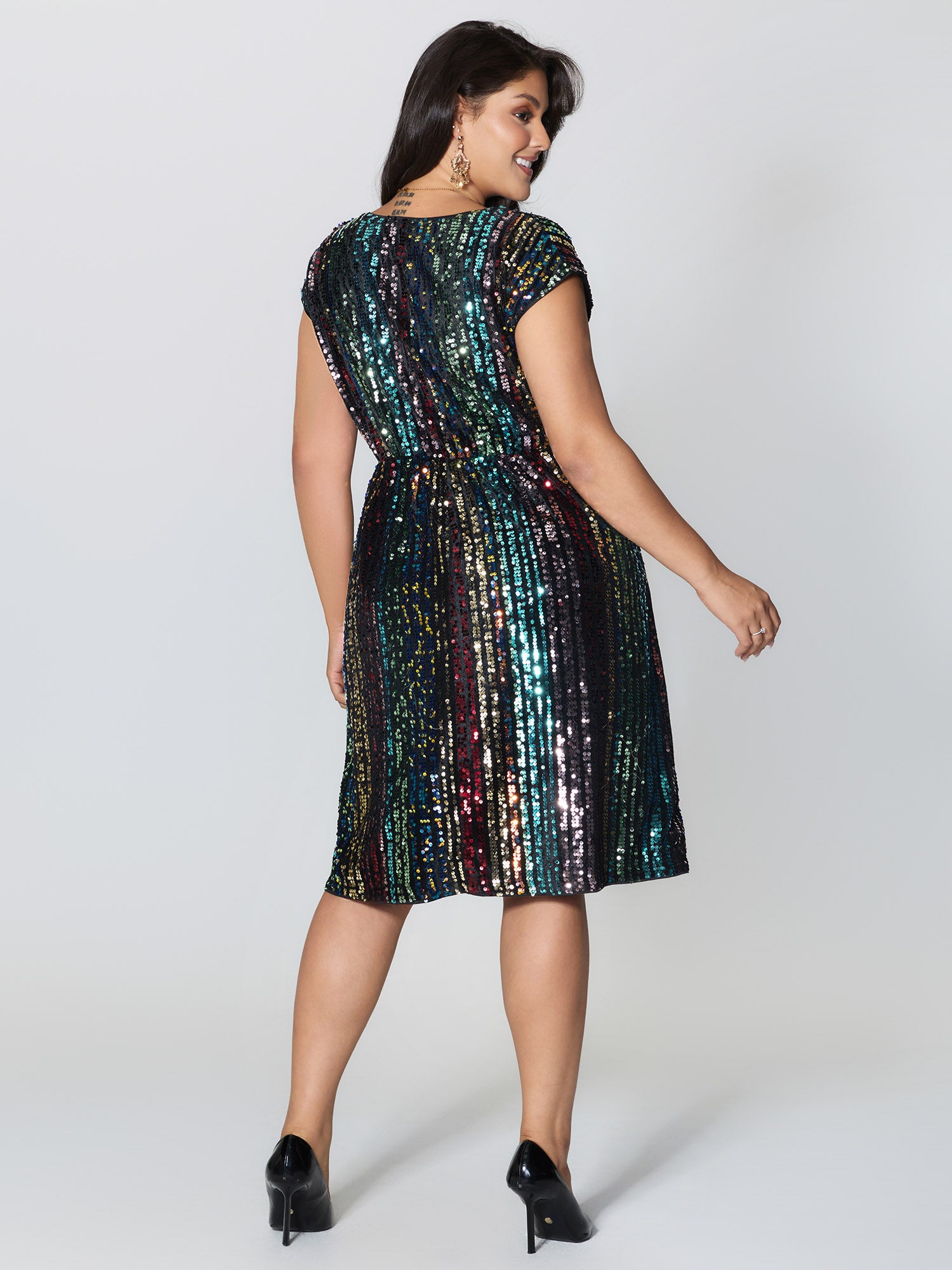 Shimmery Sequin Stripe Cinched-Waist Mini Dress