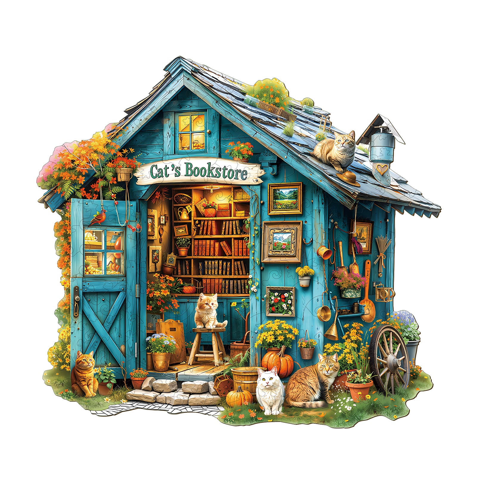 Cat's Bookstore Wooden Jigsaw Puzzle