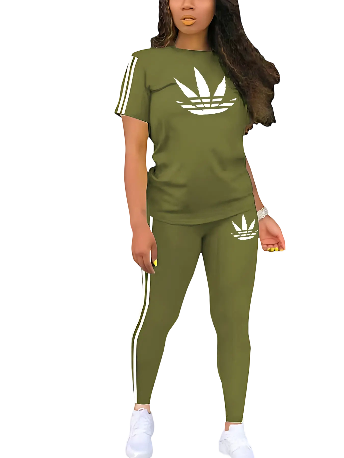 Women's Printed Casual Sporty Round Neck Drawstring Short Sleeve and Long Pants Two-Piece Set