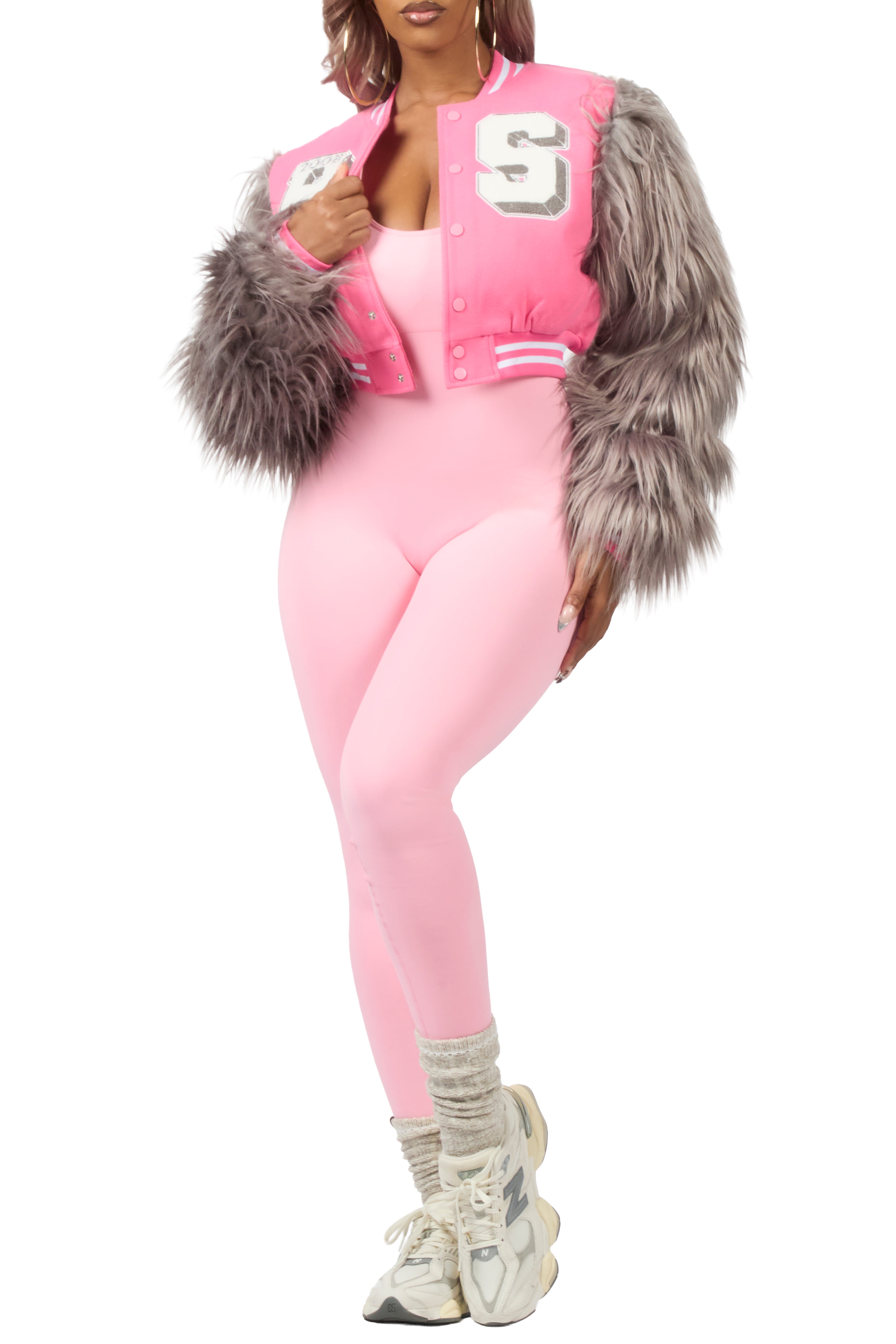 Jameicia Pink/Grey Fur Sleeve Varsity Jacket