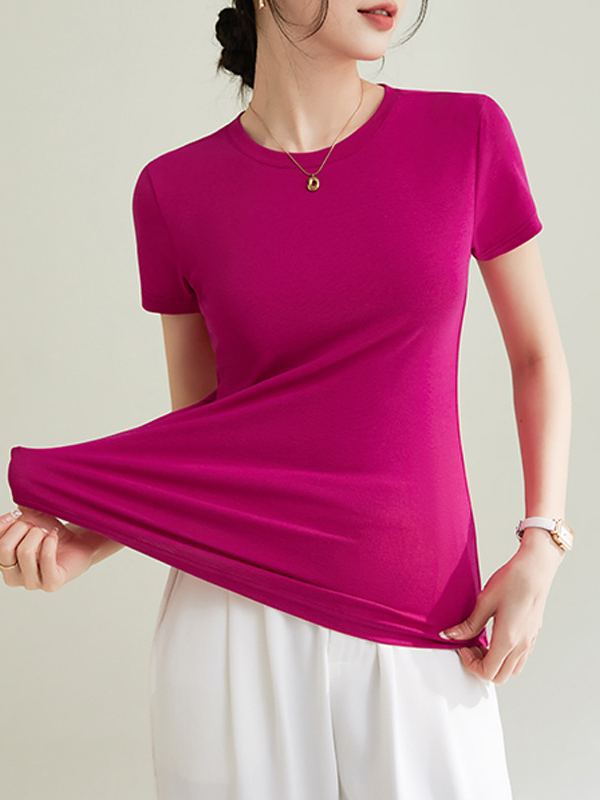 Solid Color Short Sleeves Skinny Round-Neck T-Shirts Tops