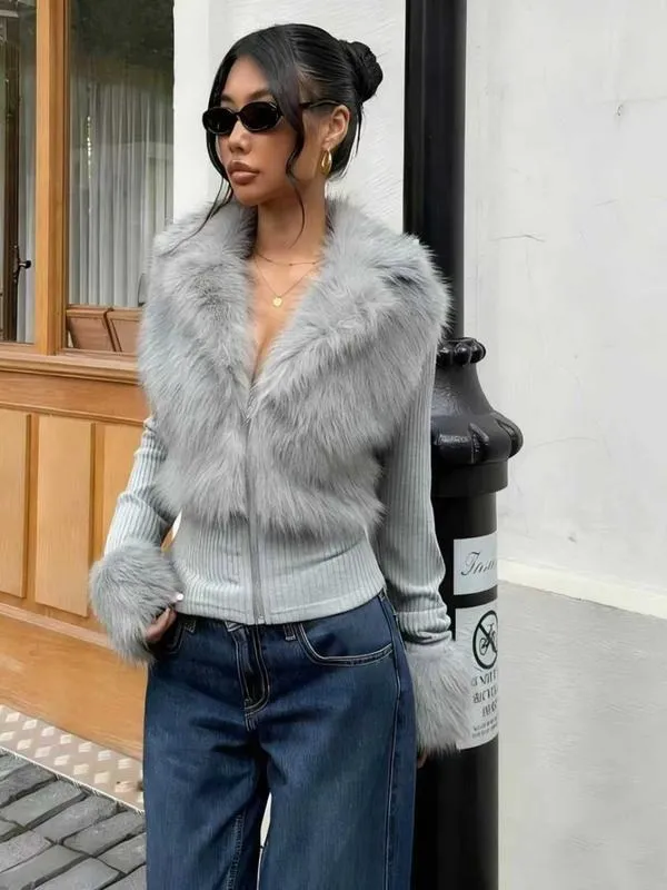 Women's Fashion Street Style Patchwork Knit Faux Fur Jacket
