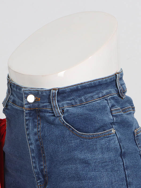 Buttoned Contrast Color Pockets Tied High Waisted Loose Jean Pants Bottoms