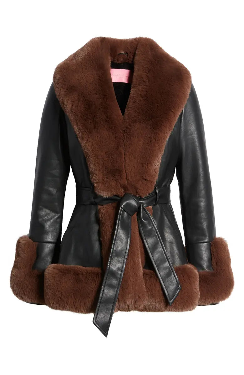 Clearance Sale*KENZY FUR TRIM PEPLUM MOTO IN BLACK BROWN