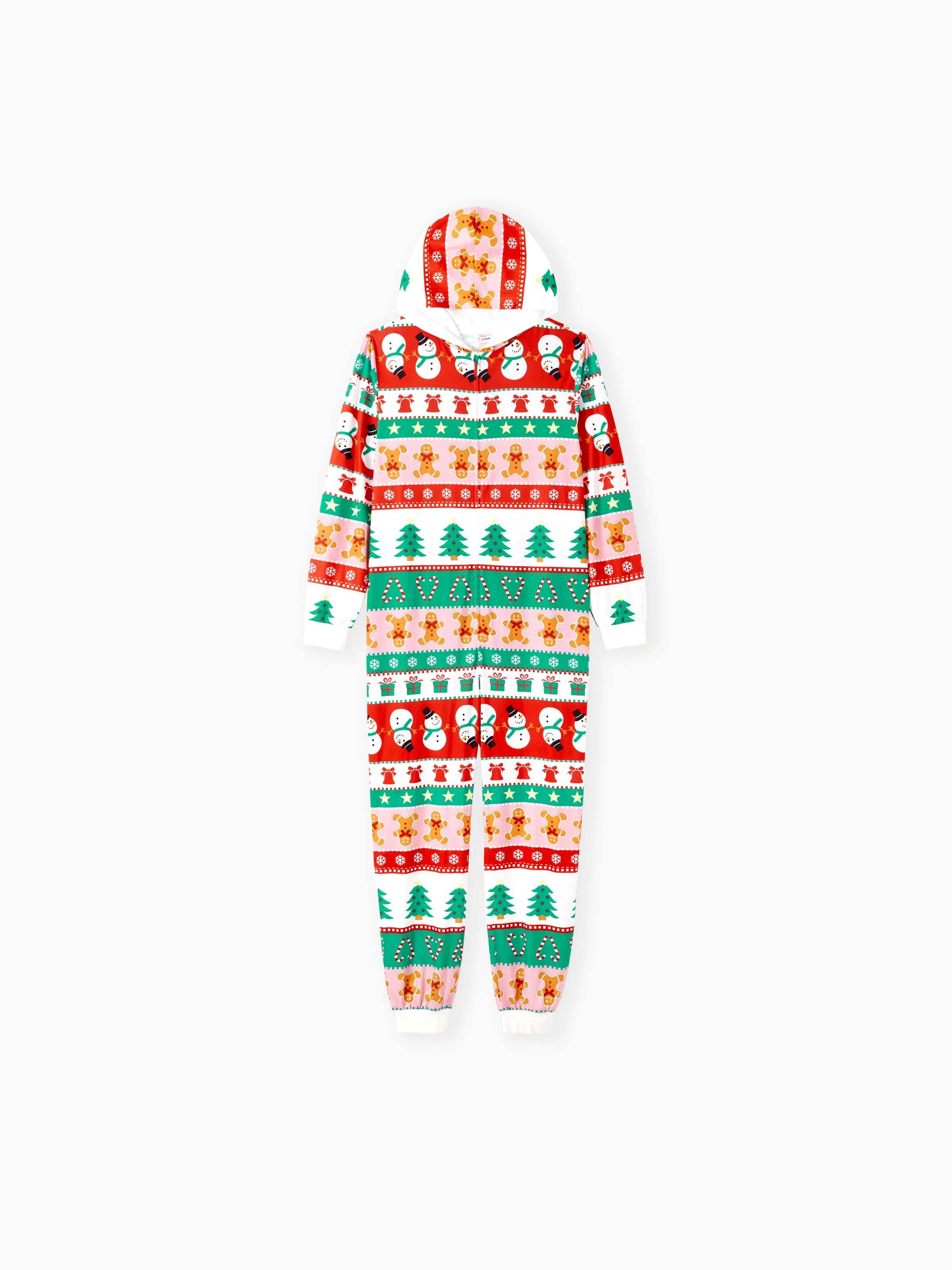 Onesies Pajamas Matching Christmas Outfits Allover Pattern Zipper Front Holly Jolly Print with Christmas Socks Back MultiColour