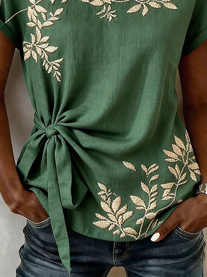Women's Casual Round-Neck Printed Cotton-Linen Top