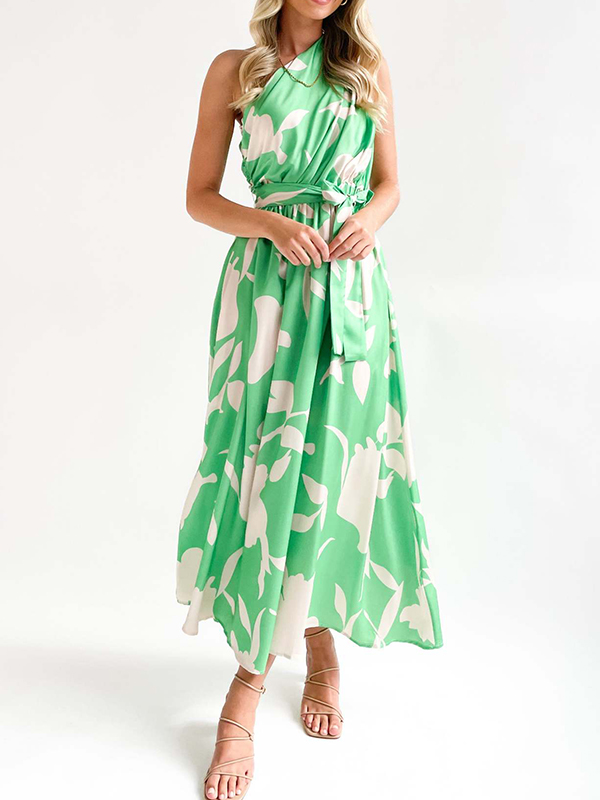 Bandage Contrast Color Hollow Printed Loose Sleeveless One-Shoulder Midi Dresses