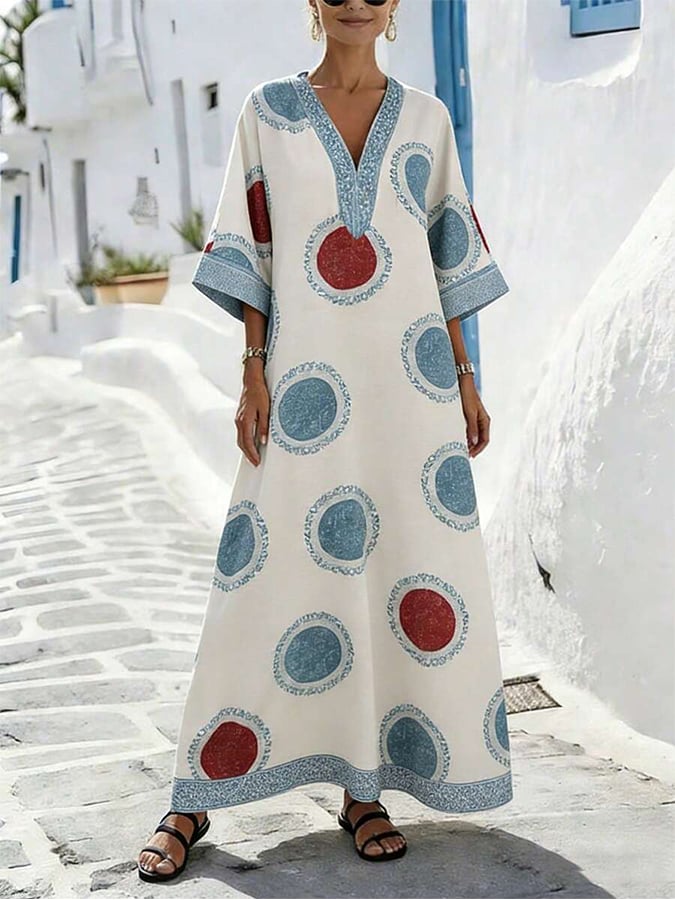 Women's Casual V-neck Loose Printed Vacation Dress- Fast Shipping