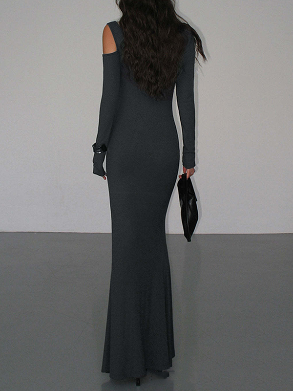 Hollow Solid Color Long Sleeves Skinny Cold Shoulder Maxi Dresses