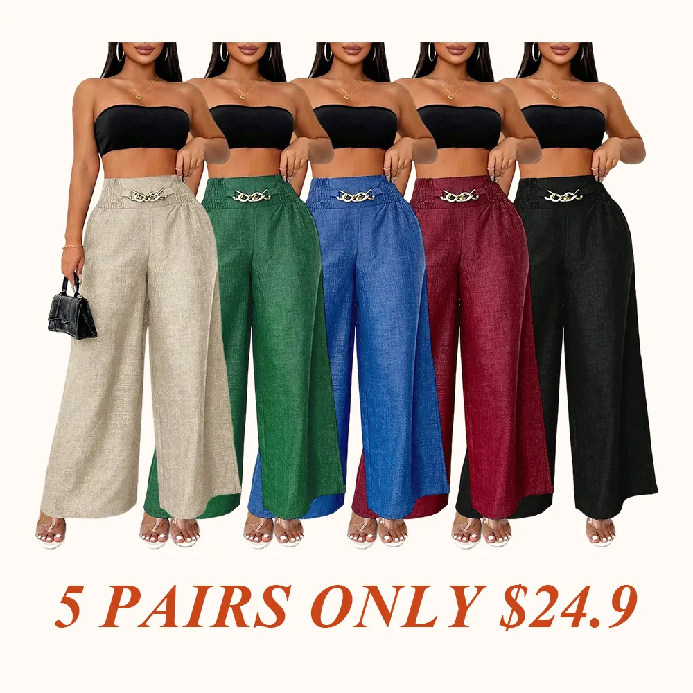 Women's Solid Color High-Waisted Pants, Stretchable Loose-Fitting Wide-Leg Trousers
