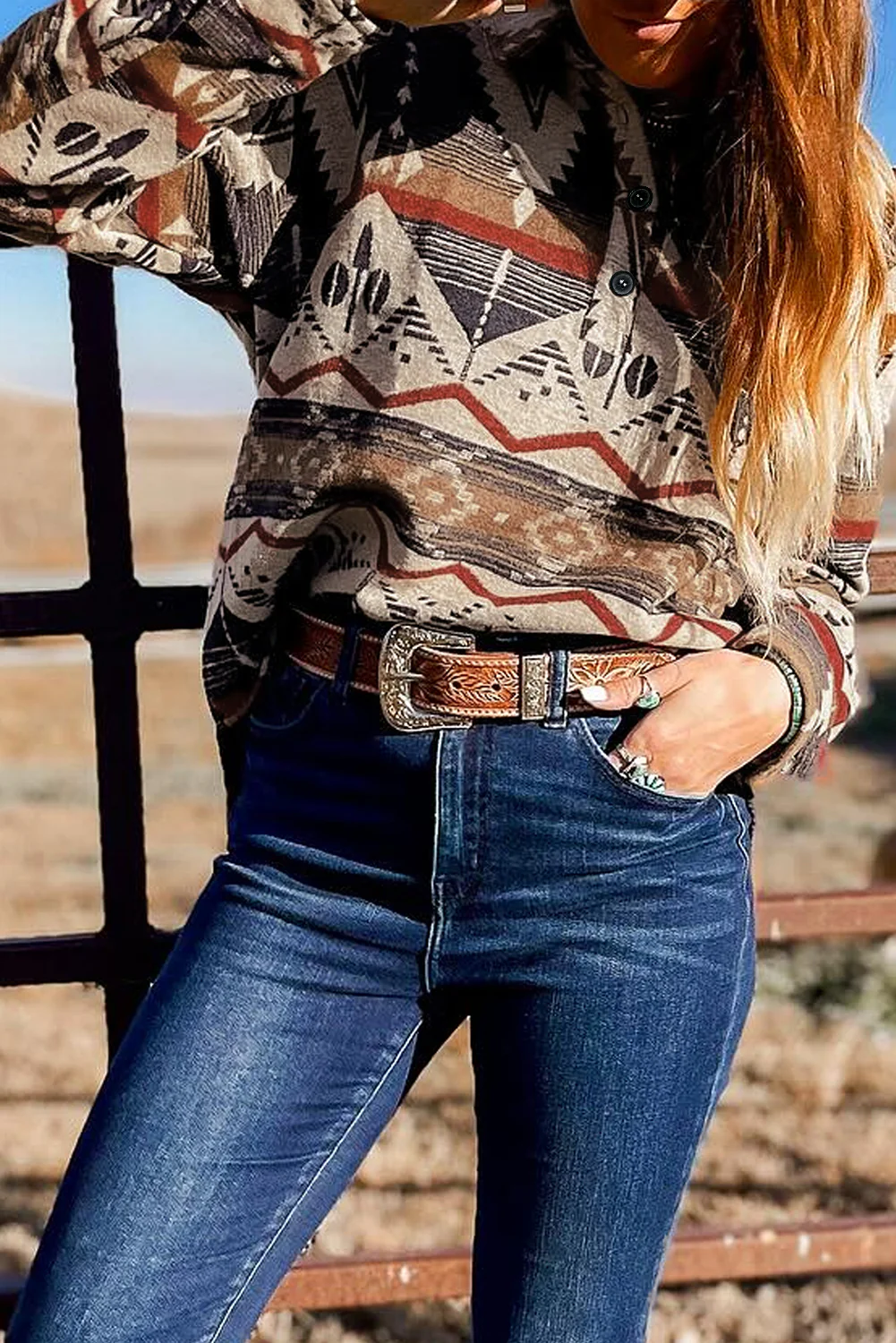 Western Aztec Collared Button-up Sweatshirt
