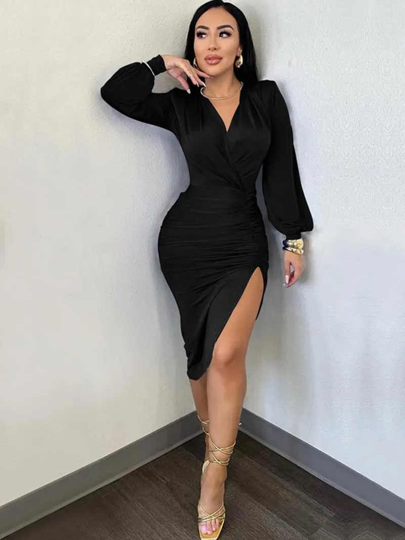 Women's Plain Ruched Wrap Split Thigh Bodycon Dress