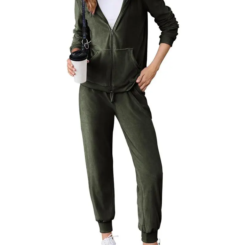 Women's Casual Velour Tracksuit Set Full Zipper Hoodie