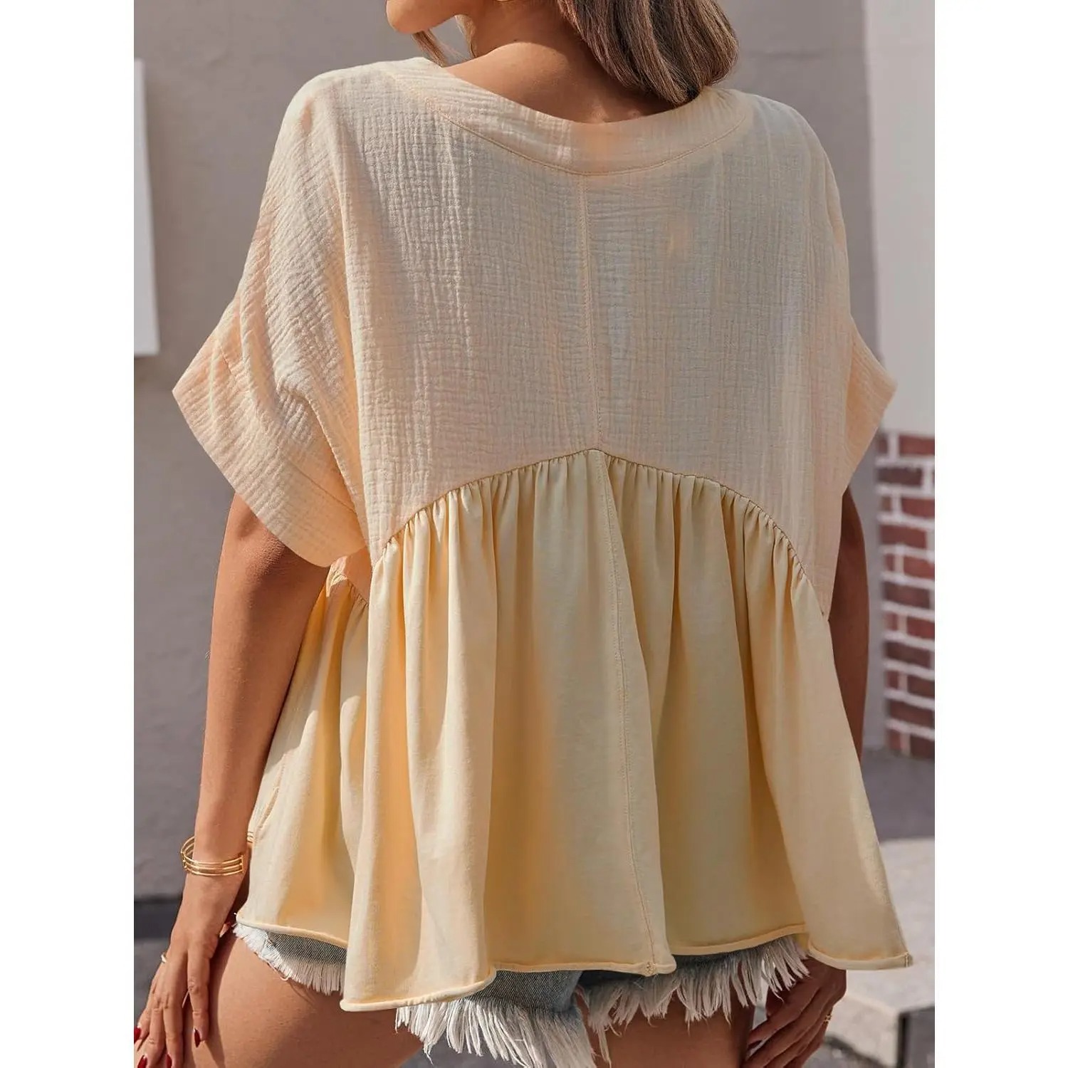 Womens Summer Babydoll Tops V Neck Short Sleeve Pleated Flowy Shirts Casual Loose Fit Peplum Blouse