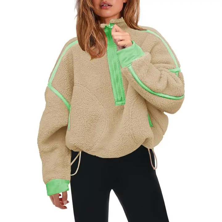 Women's Half Zip Sherpa Fleece Color Block Pullover Soft Oversized Sweatshirt
