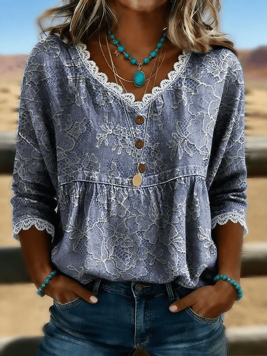 Women's Casual Retro Floral Print Cotton-Linen Cutout Top