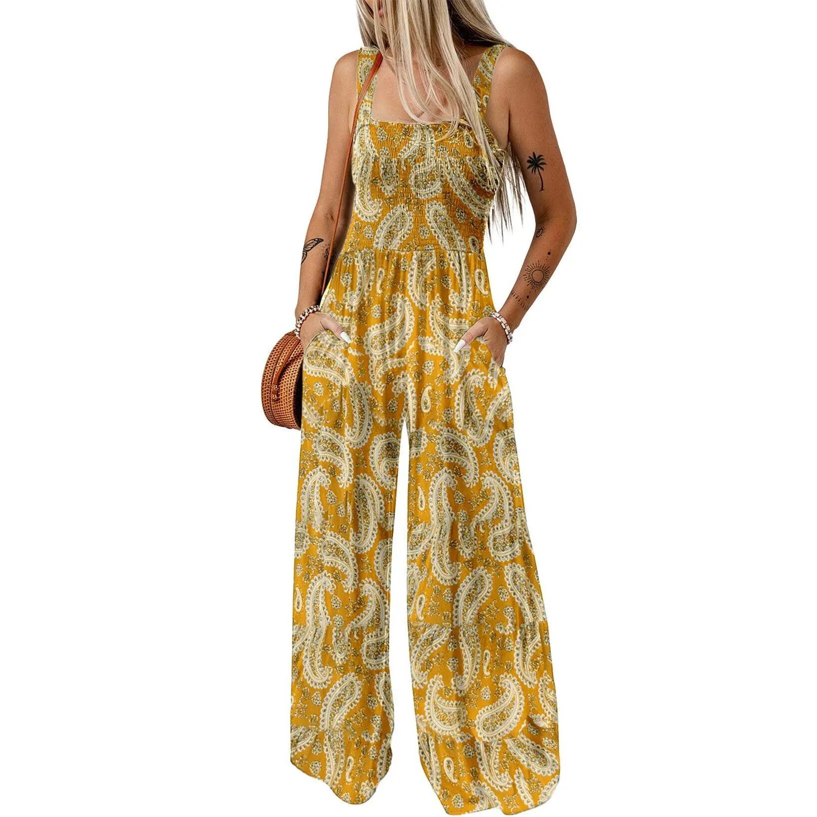 Women's Casual Loose Overalls Jumpsuits One Piece Sleeveless Printed Wide Leg Long Pant Rompers With Pockets