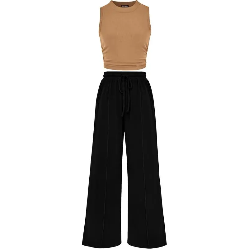 Women's Summer 2-Piece Outfits - Ribbed Knit Crew Neck Sleeveless Cropped Top & Wide Leg Pants Lounge Set