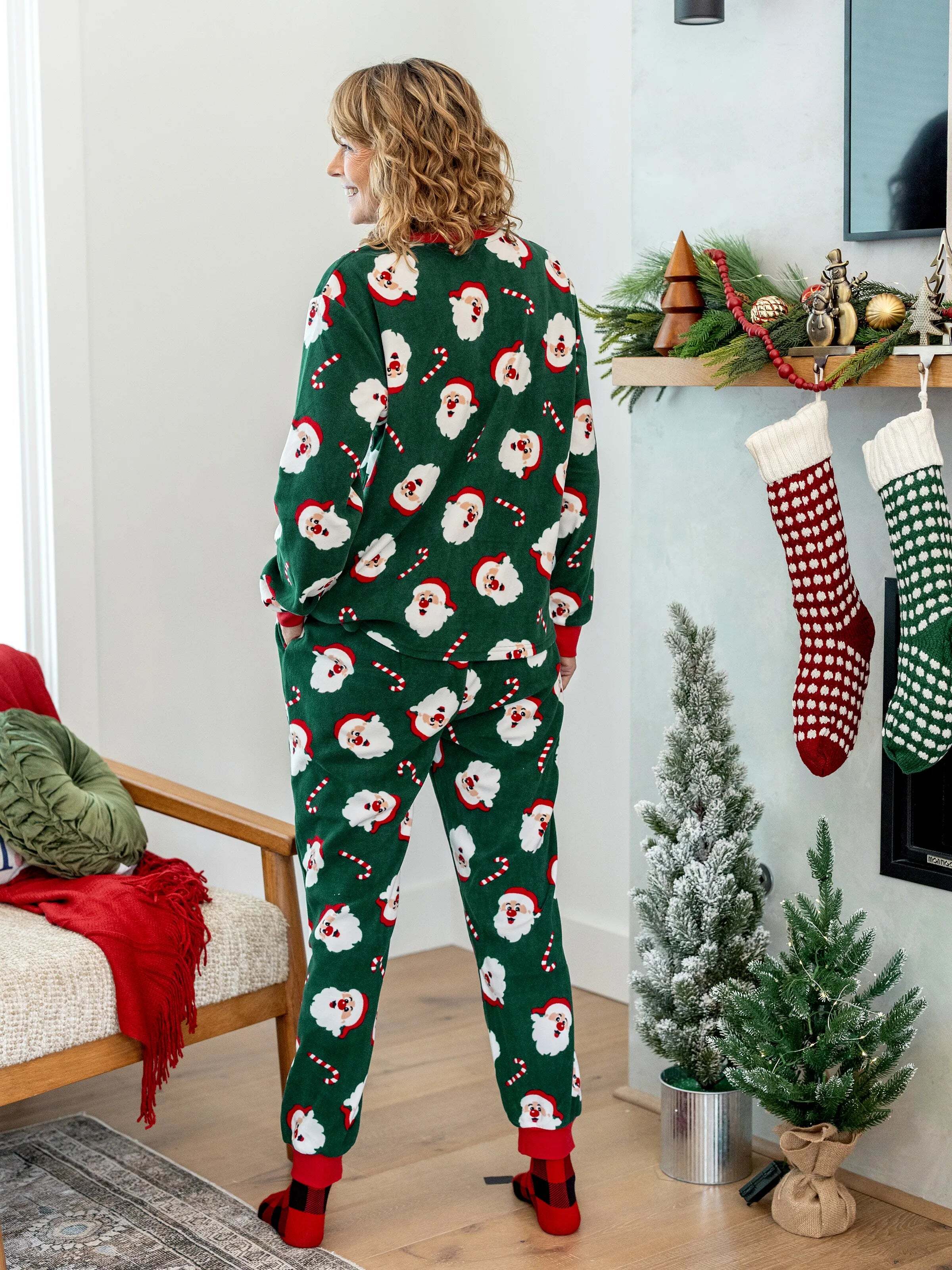 Christmas Matching Family Fleece Pajamas Set Santa Claus and Candy Cane Print PJS with Christmas Socks Dark Green