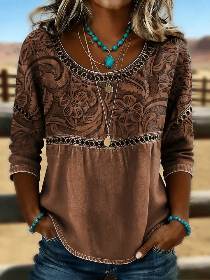 Women's Casual Western Floral Print Cotton Linen Hollow-Out Top