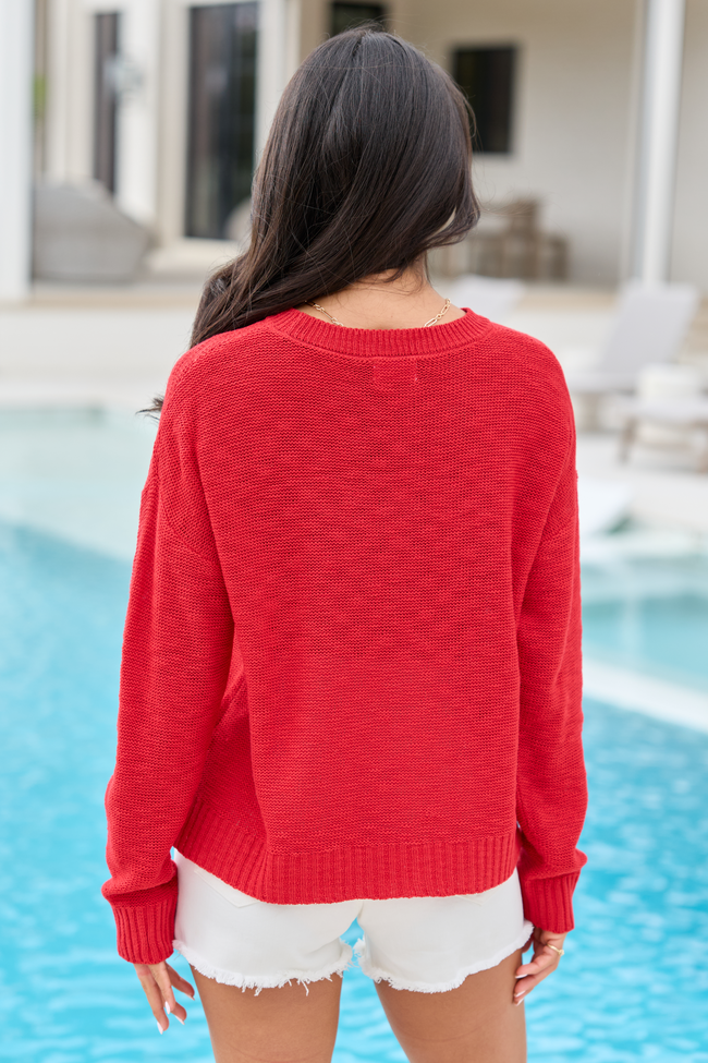 Off To The Fireworks Red America Script Striped Sweater