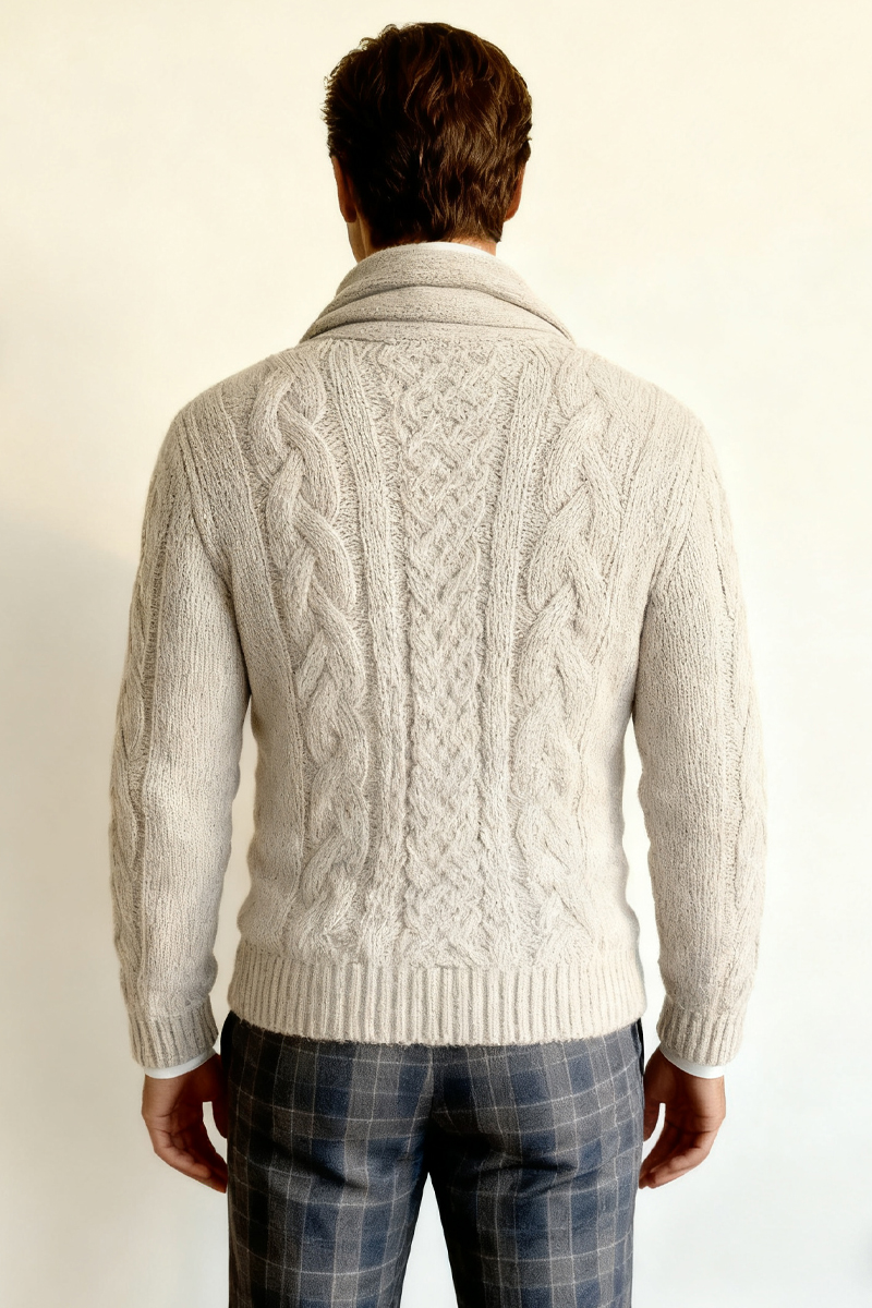 Men's Off-White Cable Knit Shawl Collar Cardigan