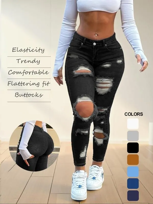 Women's High Waist Ripped Skinny Jeans with Butt Lifting Design, Elastic Denim for Valentine's Day Fashion