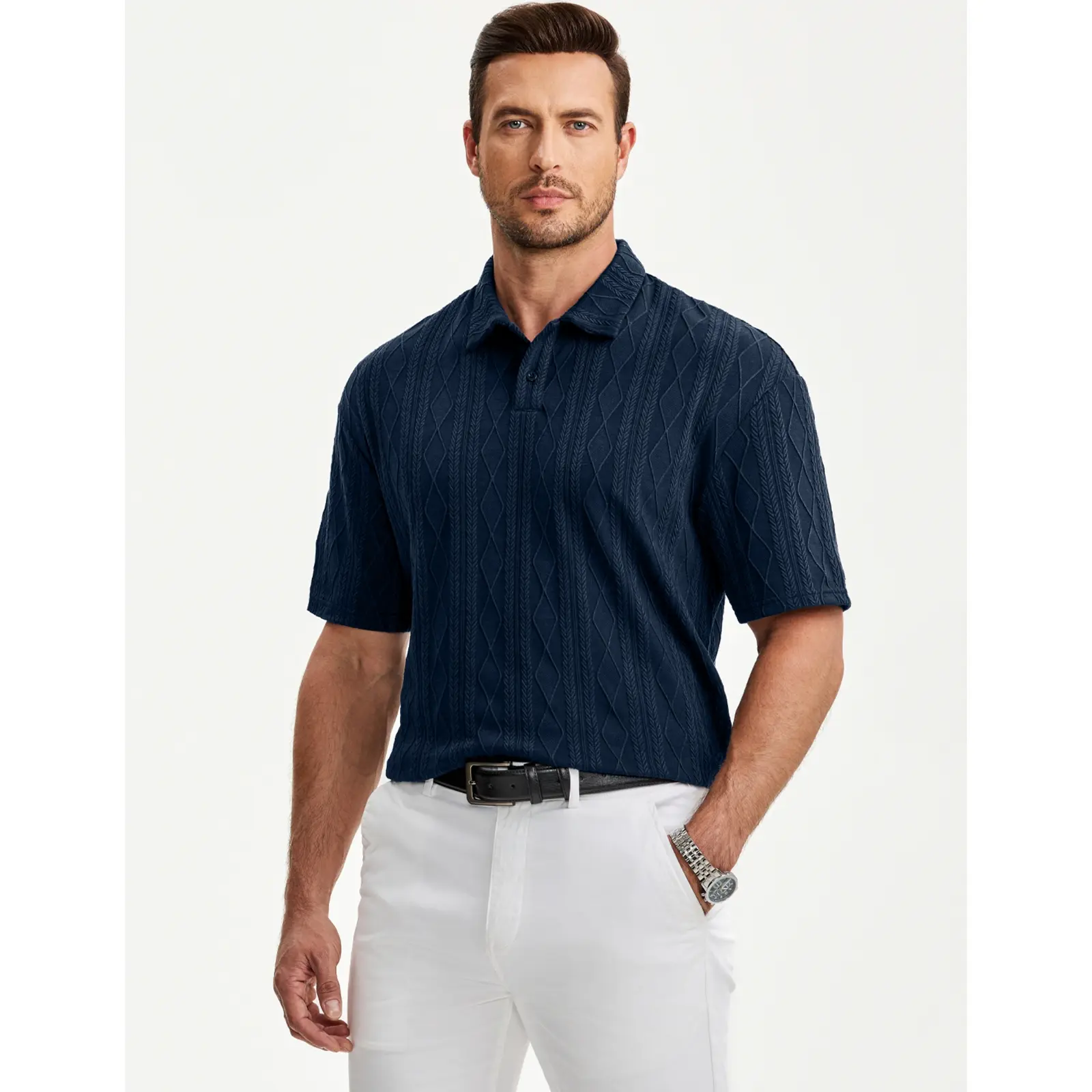 Men Casual Polo Shirt Short Sleeve Textured Beach Button Knit Stretchy Classic Shirts