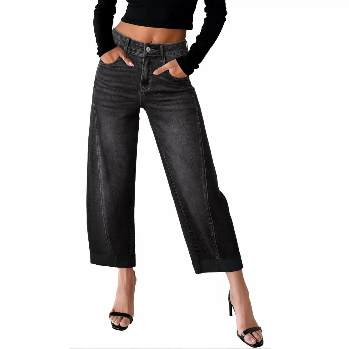 Women's High Waisted Wide Leg Cropped Jeans – Relaxed Fit Light Wash Denim with Rolled Cuffs