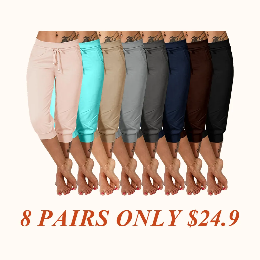 Women's Plain Drawstring Waist Capris Pants, Casual Pocket Trousers for Daily Wear