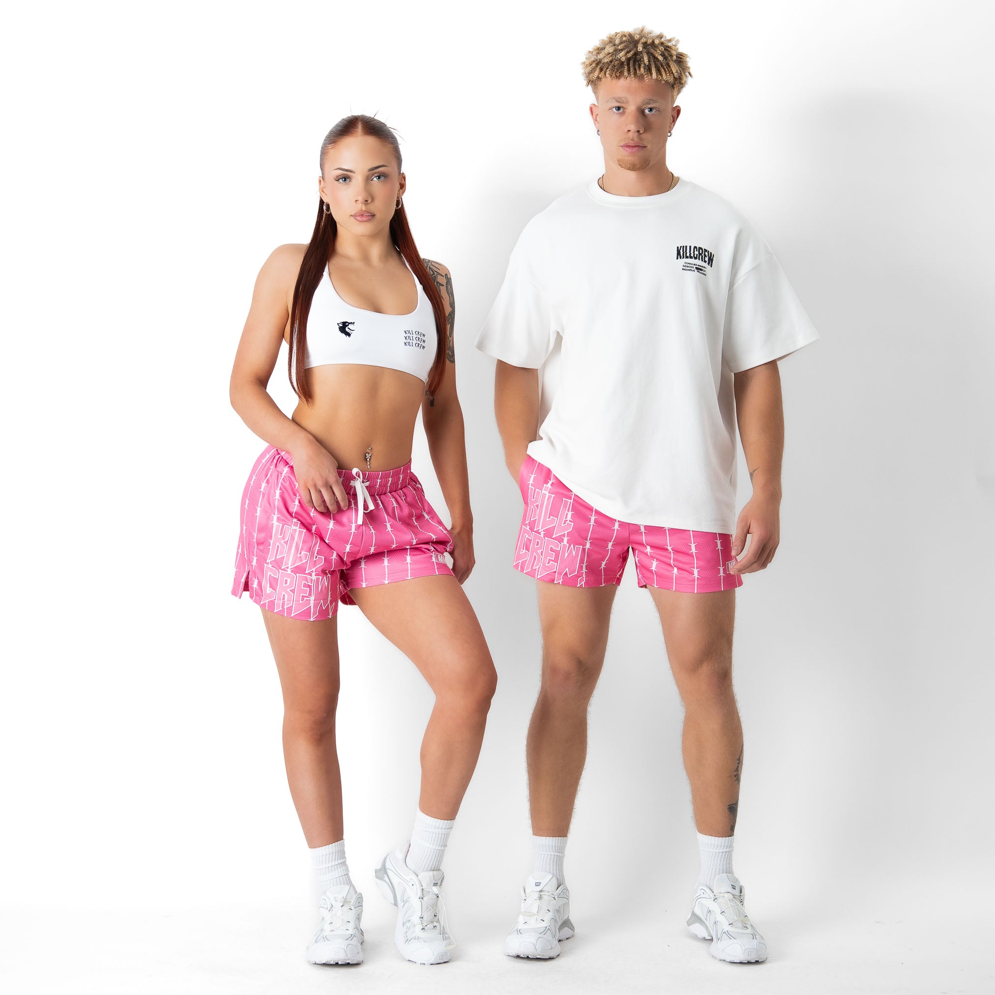 BARBWIRE MUAY THAI SHORTS (MID THIGH CUT) - PINK / WHITE