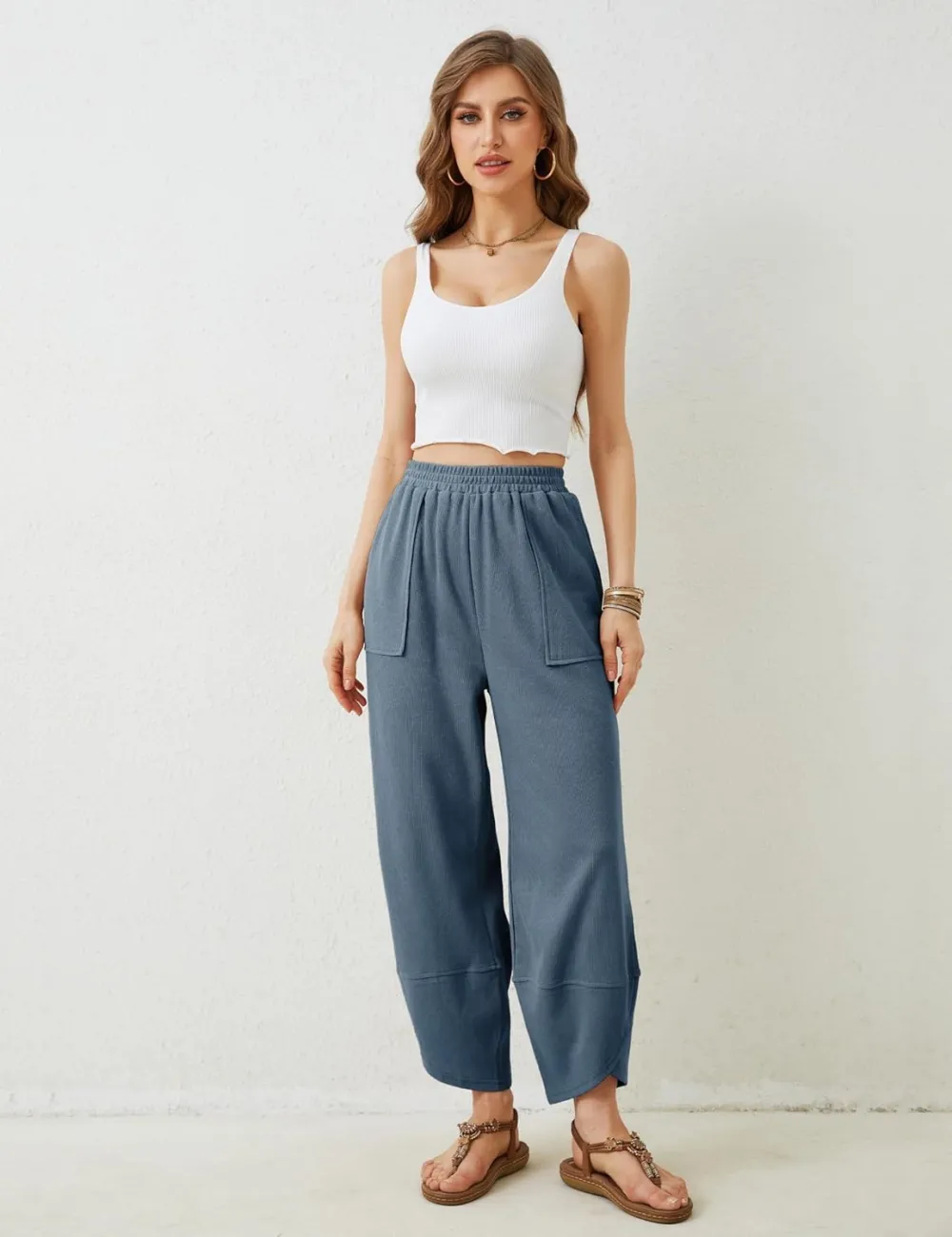 Women's Wide Leg Harem Pants Casual Palazzo Pants with Pockets High Waist Relaxed Fit