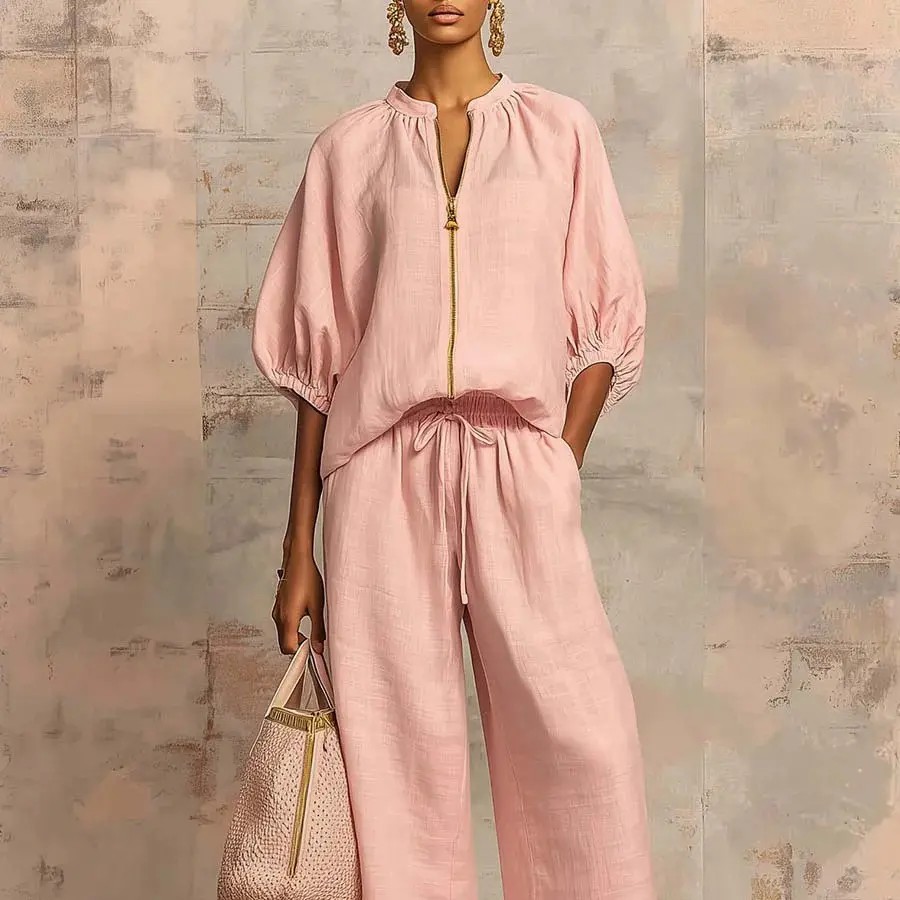 Chic Linen-Blend Quarter-Zip Lounge Set - Effortless Two-Piece Summer Outfit