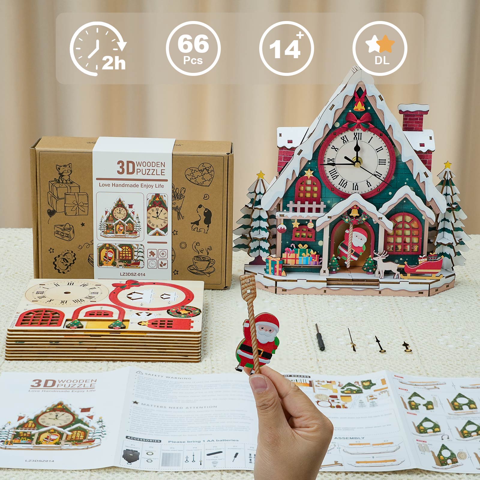 Christmas Snow House – DIY Wooden Clock, 3D Puzzle Craft Kit