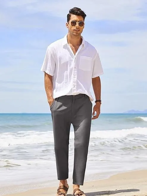 Men's Cotton Linen Pants Elastic Waist Lightweight Casual Pants Slim Fit Yoga Beach Pants