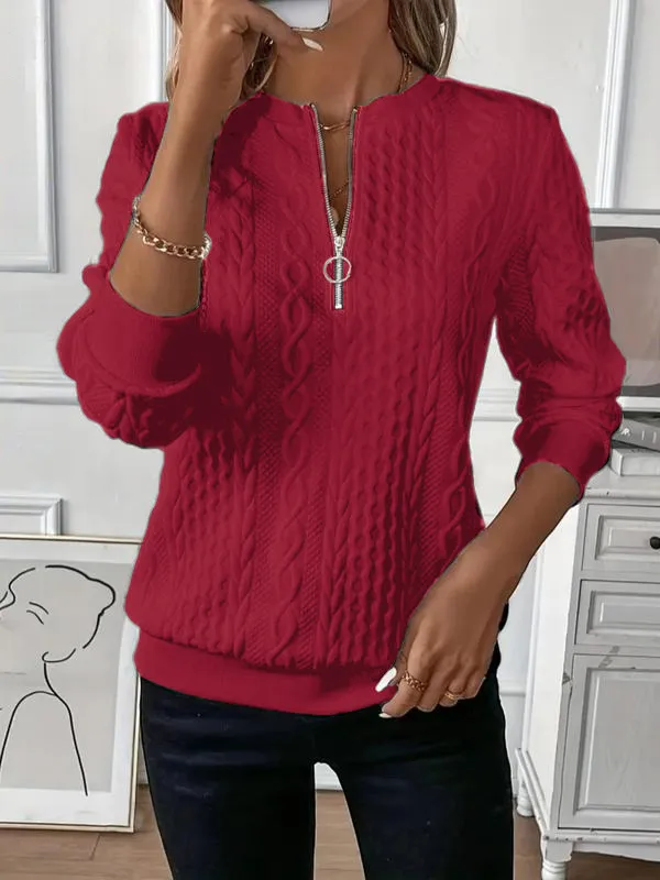 Women's Plain Textured Half Zip Up Sweatshirt