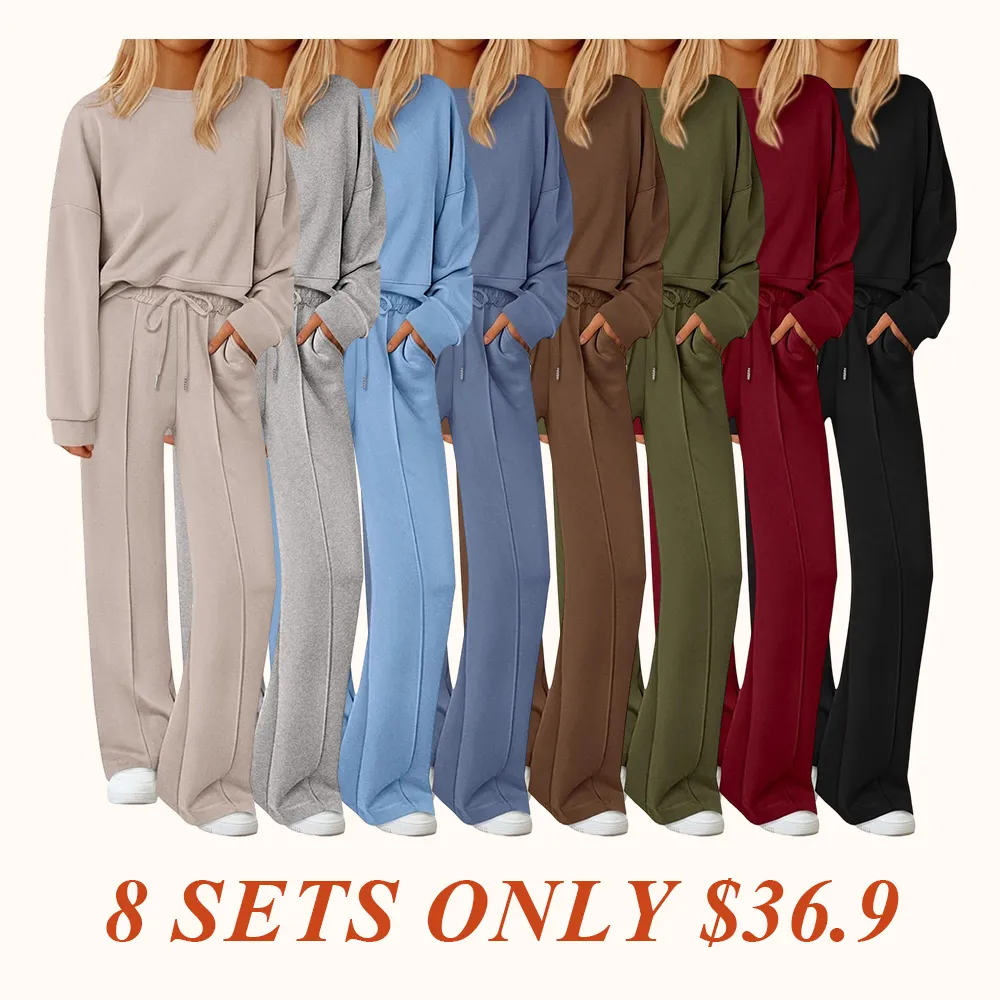 2 Piece Sets For Women Fall Trendy Long Sleeve Sweatshirt Wide Leg Pants Loungewear Set
