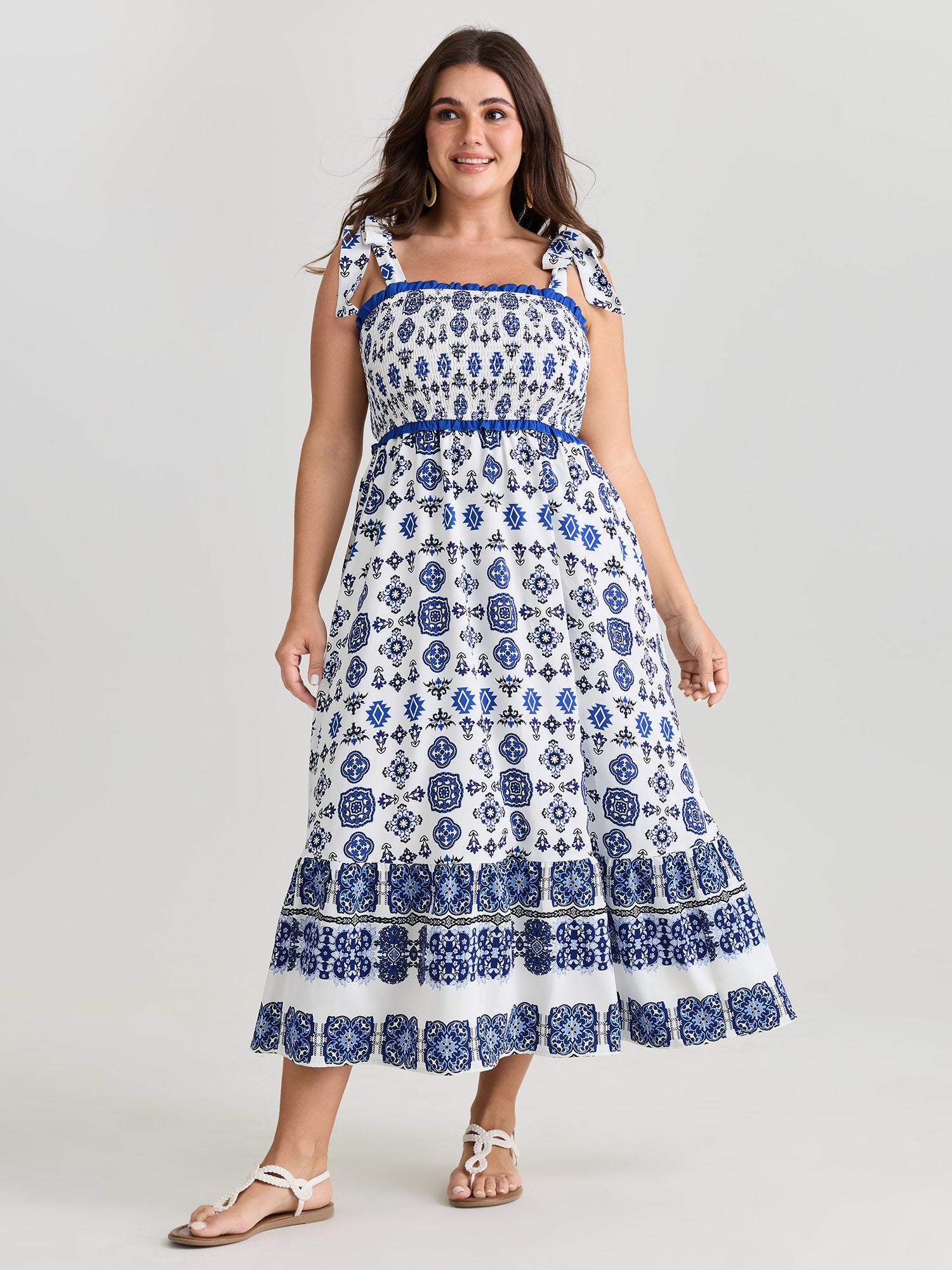 Geometric Boho Print Shoulder-Tie Contrast Maxi Dress