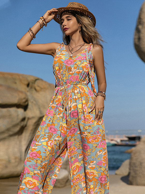 Bohemia Loose Sleeveless Floral Printed V-Neck Jumpsuit