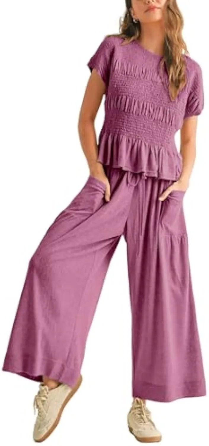Casual Boho Matching Set Smocked Top & Wide-Leg Pants