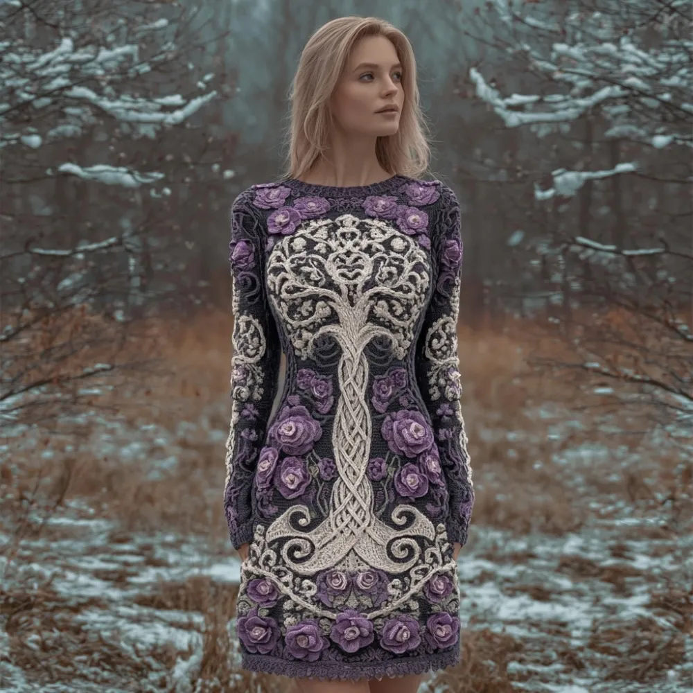 Floral Tree Of Life Pattern Vintage Mini Sweater Dress