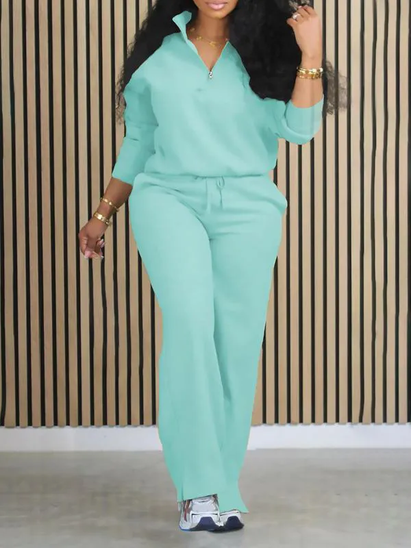 Women's Solid Half Placket Split Hem Pants Set