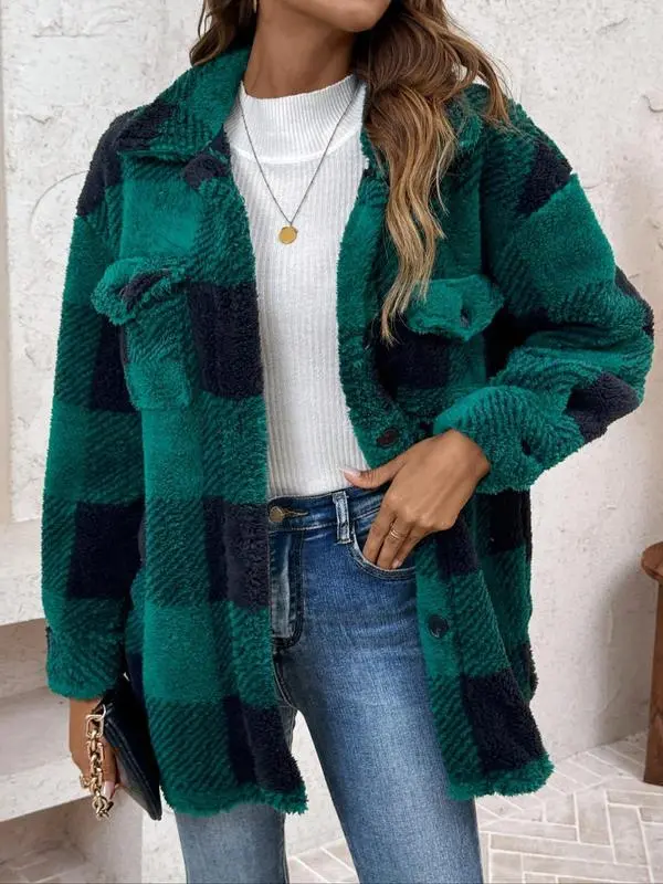 Women's Plaid Print Button Front Fuzzy Coat Plaid Jacket, Casual Drop Shoulder Long Sleeve Collared Outerwear for Fall & Winter, Ladies Clothes for Daily Wear