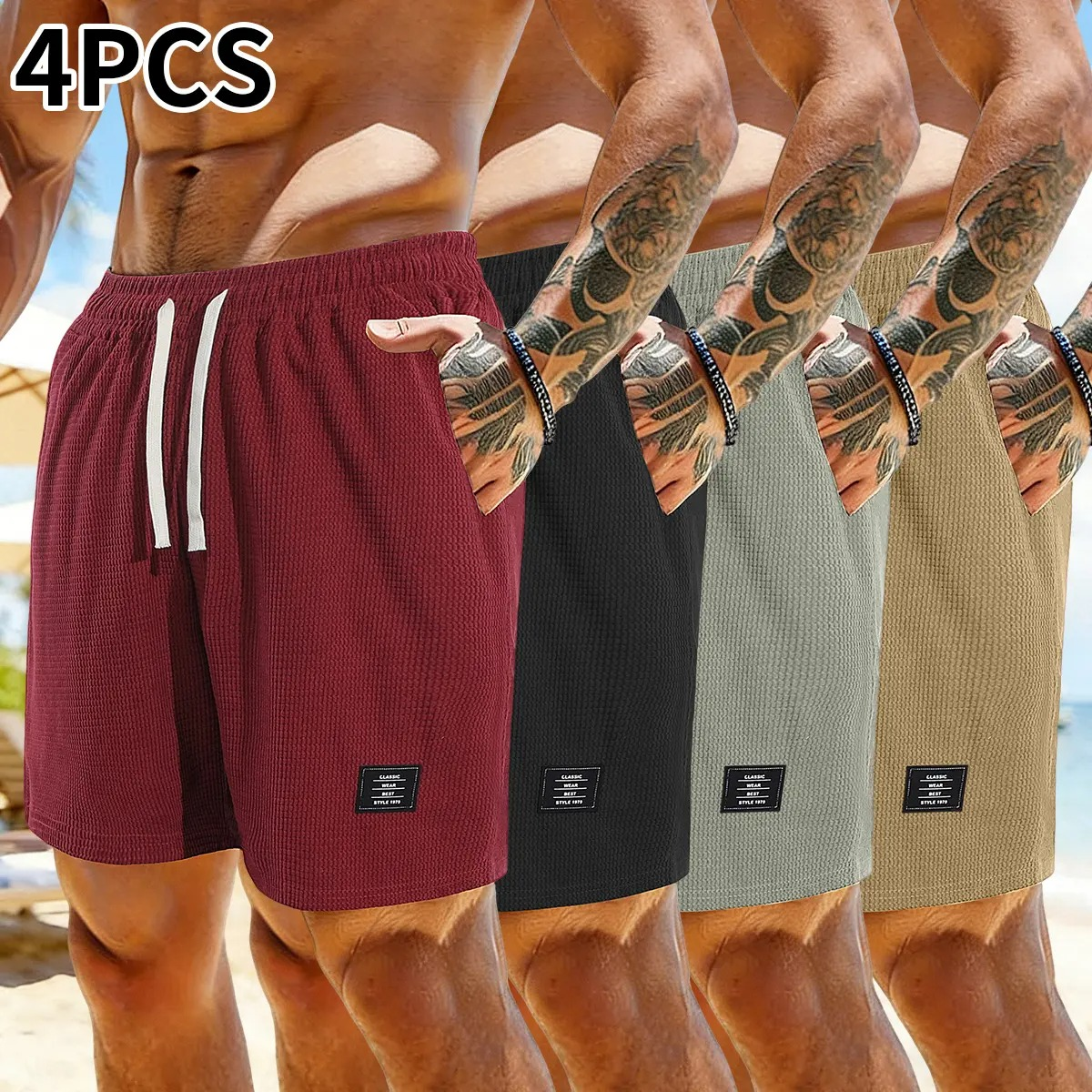 Pack of 4 corduroy shorts, solid color, men’s casual shorts with side pockets and a drawstring elastic waistband